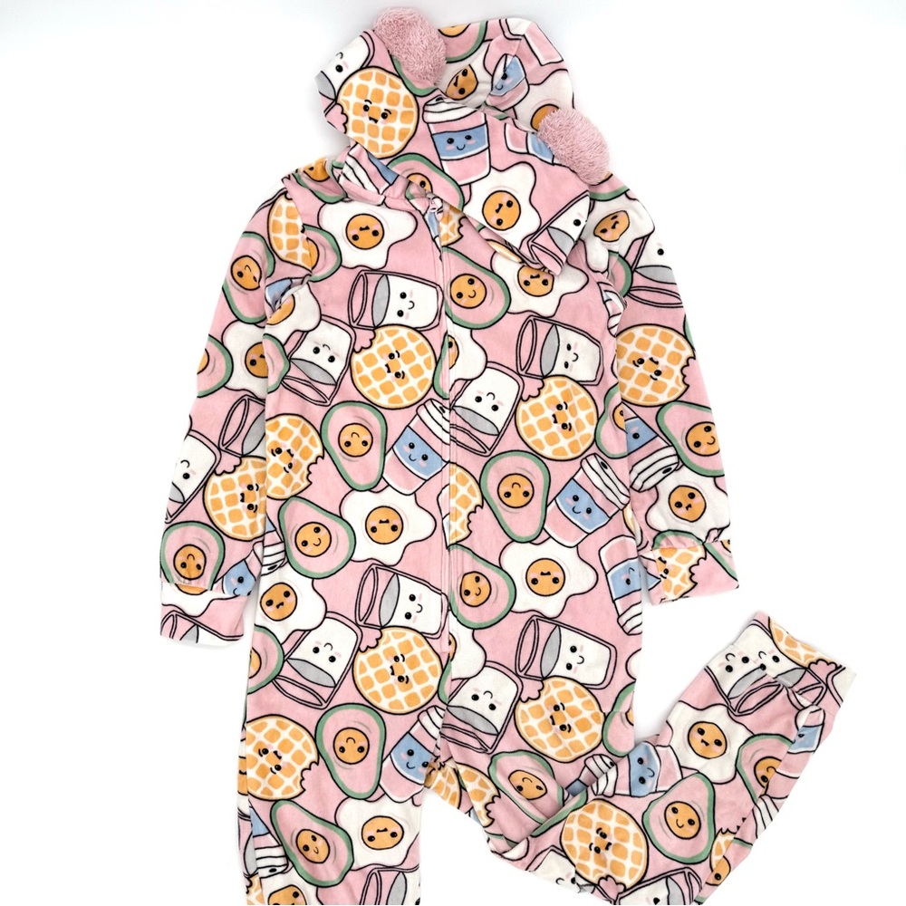 GUC PL Sleep Big Girls Pink Breakfast Food Bear Ears Hooded One Piece Pajamas 10